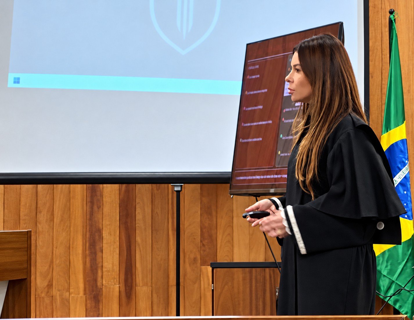 Dra. Aline Capocci de beca durante sustentação no plenário do Tribunal do Júri
